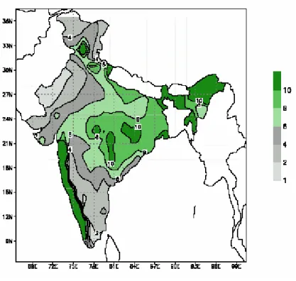 Figure 2.2(a): Spatial pattern of southwest monsoon seasonal (June-September) mean rainfall,  1951-2003 (unit: mm/day) (Rajeevan et al., 2005)