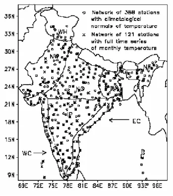Figure 2.5: Network of temperature stations and homogeneous regions used in this study  (Kothawale and Rupa Kumar, 2005)