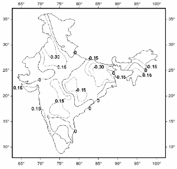 Figure 2.6: Map of standardised regression coefficients showing trends in the total annual  precipitation throughout India (Sen Roy and Balling, 2004)