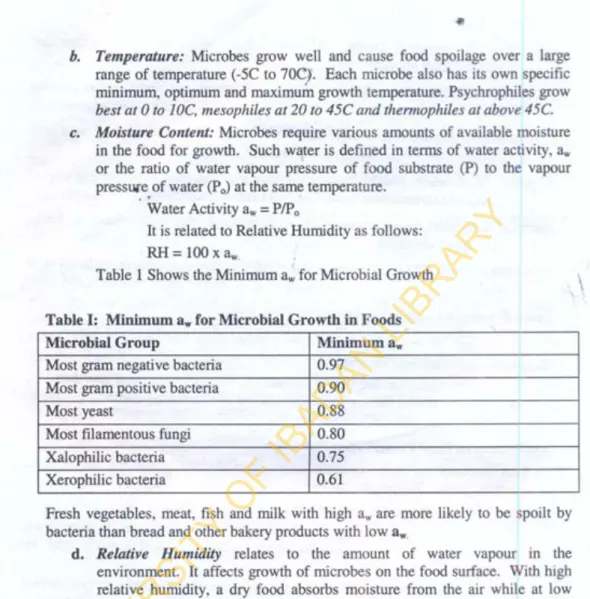 Table  1  Shows the Minimum aw for Microbial Growth