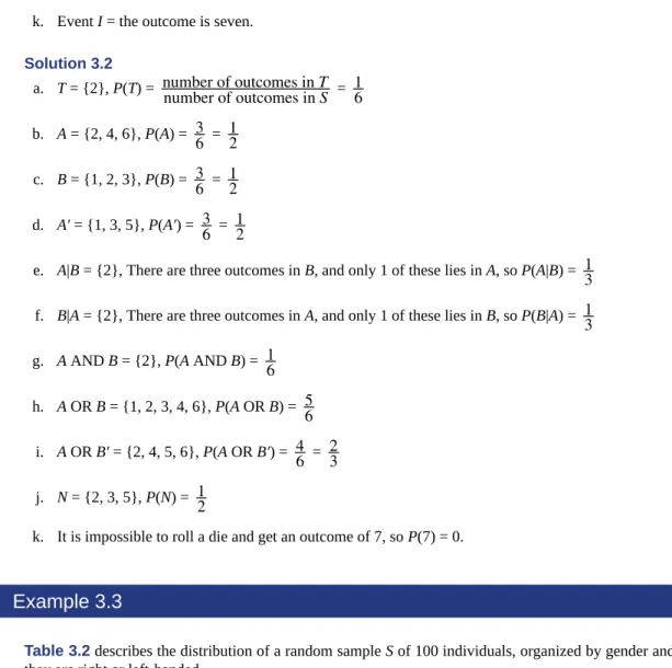 Table 3.2 describes the distribution of a random sample S of 100 individuals, organized by gender and whether they are right or left-handed.