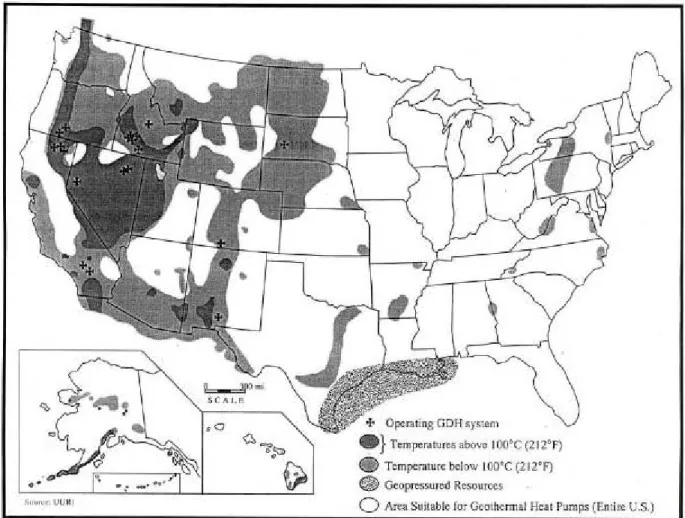 Figure 2.  Generalized map of geothermal resources showing locations of geothermal district heating systems.