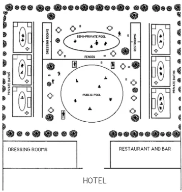 Figure 2. Design for a geothermal spa offering private, semi-private, and public bathing facilities (Woodruff and Takahashi, 1990).
