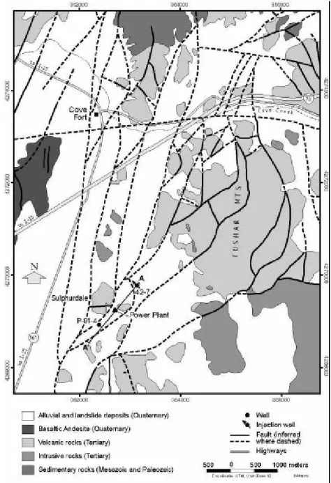 Figure 4. Simplified geologic map of the Cove-Fort–Sulphurdale area (modified from Steven and Morris (1981) and Ross and Moore (1985)).