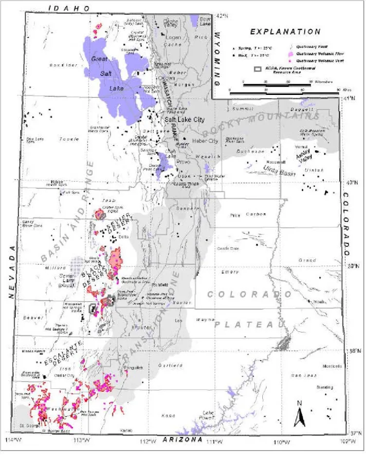 Figure 2. Geothermal resources of Utah showing thermal wells and springs.  Quaternary tectonic and volcanic features, and major physiographic regions.