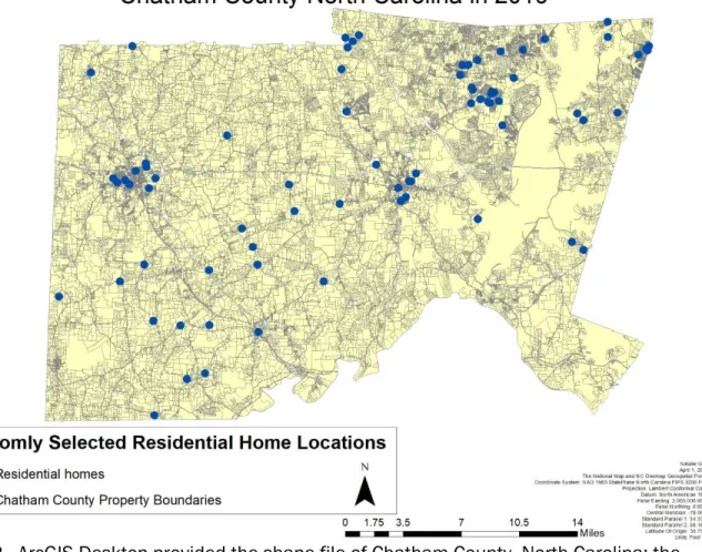 Figure 2.  ArcGIS Desktop provided the shape file of Chatham County, North Carolina; the  blue dots scattered throughout the shape file are the 74 houses randomly selected for  analysis