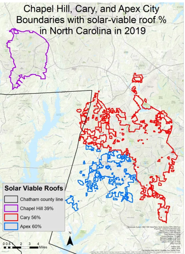 Figure 3.  ArcMap image of the city boundaries of Chapel Hill, Cary, and Apex, which  constitute part of Chatham County