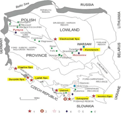 Figure 1.   Geothermal spas in Poland (geothermal division based on Sokolowski, 1995).