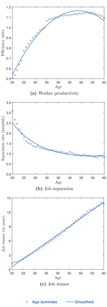 Figure B1: Empirical life-cycle profiles of worker productivity, job separation and job tenure