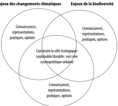 Figure 1.  Interactions entre enjeux, expertises   et expériences dans la construction de la ville durable
