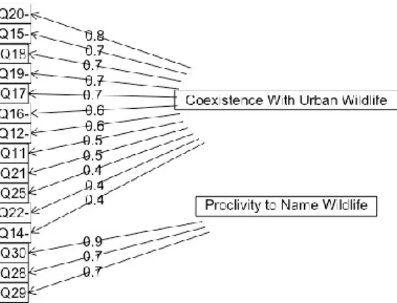 Figure 3.5 Two Factor Model for UWCAS Agreement Anchors. Items with lower than 0.4 were removed and two  factors emerged (n=214)