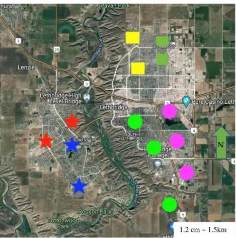 Figure 4.1. Study area map in the City of Lethbridge. The study area was categorized into six areas, and each area is  represented by a different colour and boundaries marked by a polygon