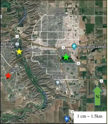 Figure 4.9 Map of the City of Lethbridge with park locations marked. Red is Nicholas Sheran Park
