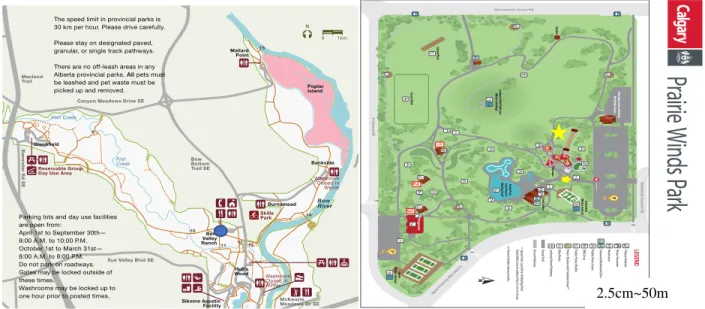 Figure 5.2 Location of the invitational booth. Fish Creek Park South Calgary (left blue dot) and the booth at Prairie  Winds Park North Calgary (right yellow star)