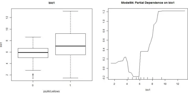 Figure 2.4. Boxplot and partial plot of BIO1, mean annual temperature (℃)  Similar to the pattern of annual mean temperature (BIO1), observations of psyllid  yellows outbreaks have a higher mean temperature of the coldest quarter (BIO11), than  the observa