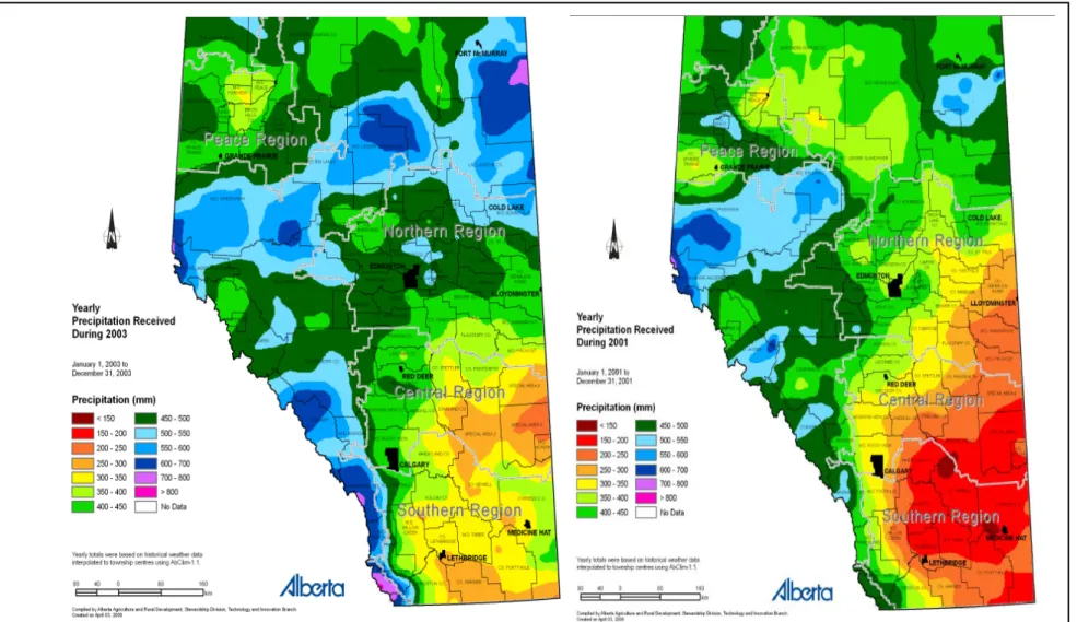 Figure 2.1: Precipitation maps for Alberta for a year with normal precipitation amounts (2003) (left), and for a dry year (2001)  (right)