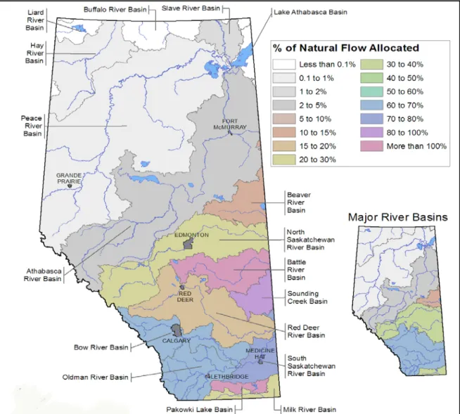 Figure 2.5: Licensed allocation compared to natural  flows for Alberta sub-basins in  2010