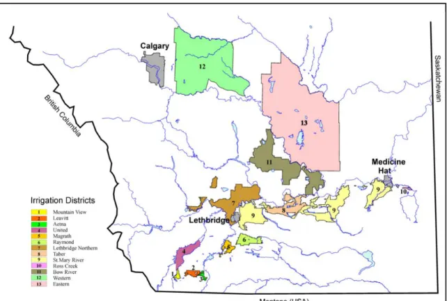 Figure 2.7: Irrigation districts of southern Alberta.  Source AARD (2011). 
