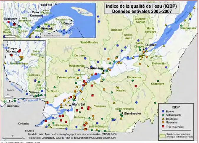 Figure 1.1 État général de la qualité de l’eau de surface aux stations du Réseau-rivières au          cours de la période allant de 2005 à 2007