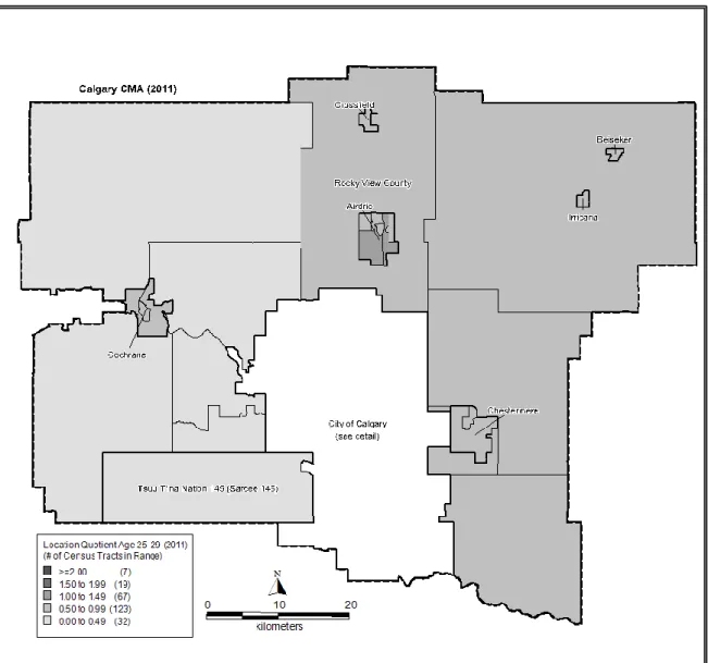 Figure 3-1: Location Quotient for Population Aged 25-29 in Calgary CMA in  2011.  