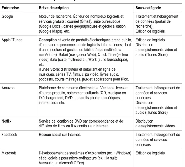 Tableau 2.6 : Entreprises les plus souvent citées dans la littérature consultée 