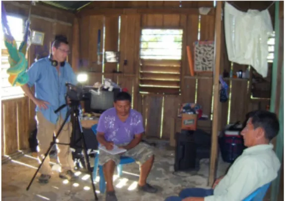 Figure 4.  Filming an interview, (l-r): James Waldram,  Tomas Caal, Francisco Caal