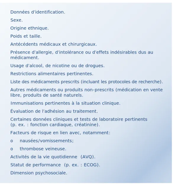 Tableau 3  Contenu d'une histoire pharmacothérapeutique (adapté de [14, 17]) 