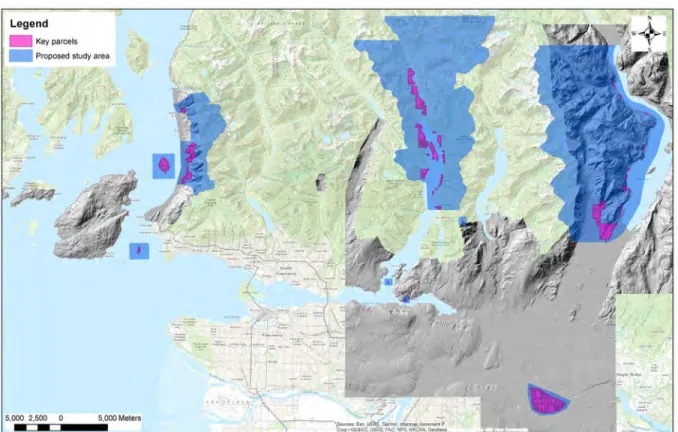 Figure 1-1.  Project area showing the key parcels identified by Metro Vancouver and the extent of  publicly available lidar