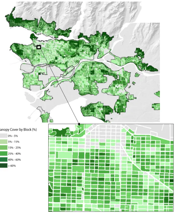 Figure 3: % Tree Canopy Cover summarized by city block within the Urban Containment Boundary