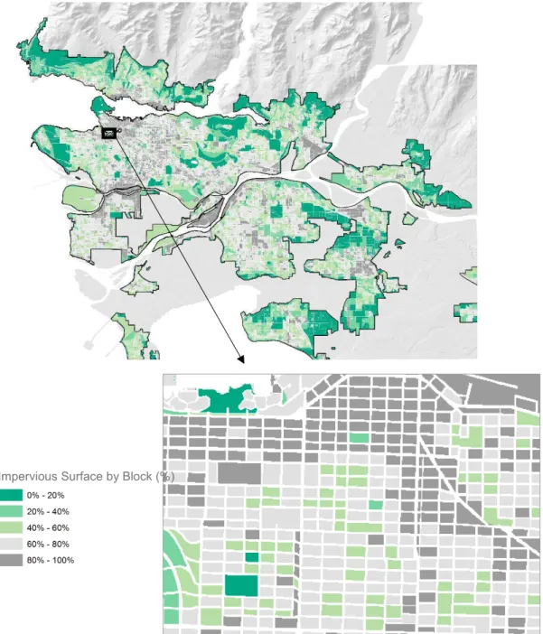 Figure 9: % Impervious Surface summarized by city block within the Urban Containment Boundary 