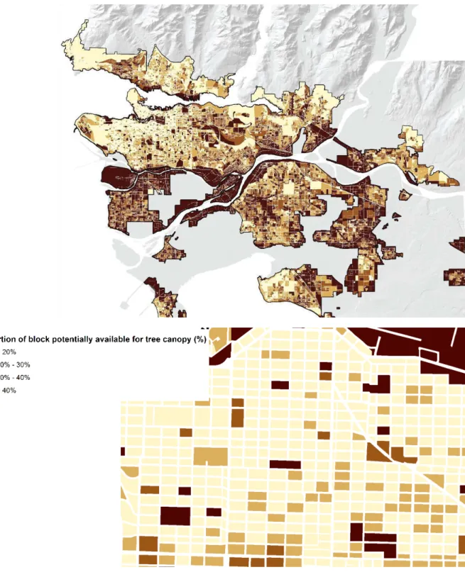 Figure 17 shows the % Potential Planting Area summarized by census block within the UCB