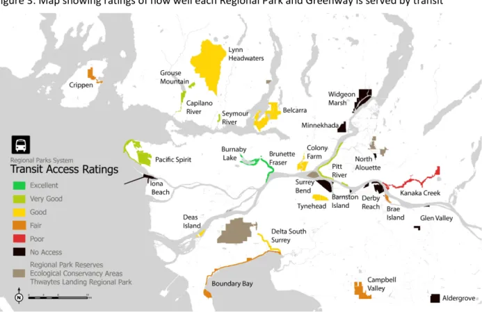 Figure 3: Map showing ratings of how well each Regional Park and Greenway is served by transit 