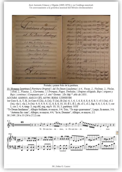 Figure 3: First page of Gómez´s Te Deum entry taken from Gómez´s Music Catalogue 27