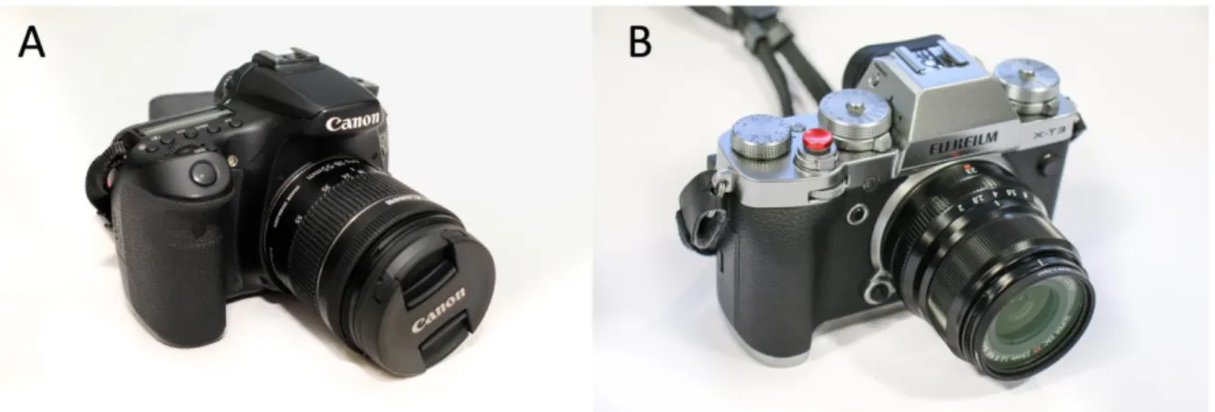 Figure 1: Digital SLR (A) and mirrorless (B) cameras. 