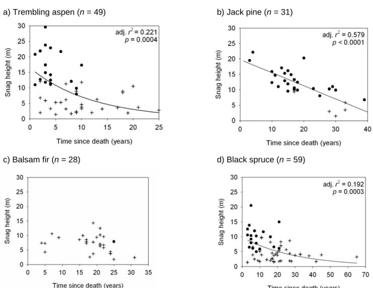Figure 1.3. Relationships between snag height and time since death. Dots represent unbroken stems and crosses, broken  stems