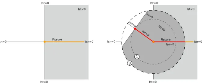 Figure 4.2-5: configuration des level-sets sur le maillage physique avant (à gauche) et après (à droite) la propagation