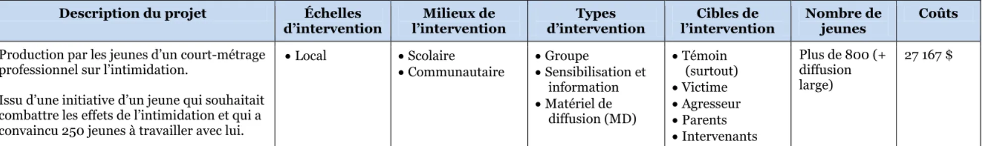 TABLEAU SYNTHÈSE DES PROJETS DE LUTTE CONTRE L’INTIMIDATION 