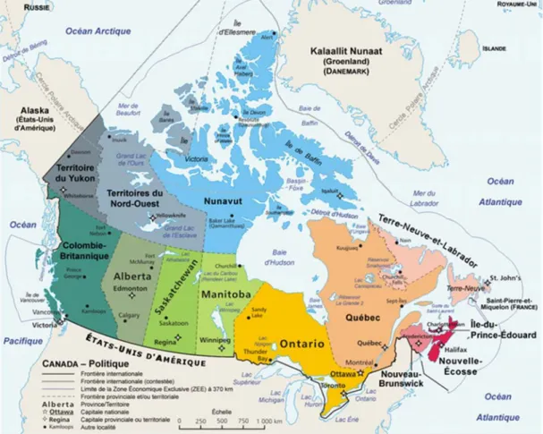 Figure 1 : Carte du territoire et des 10 provinces du Canada 