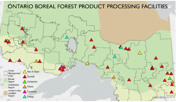 Figure 3. The locations of forest processing facilities in the Ontario boreal forest. Most  of the facilities are sawmills with few scattered pulp and paper operations, which focus  heavily on the continuous feedstock of SPF species
