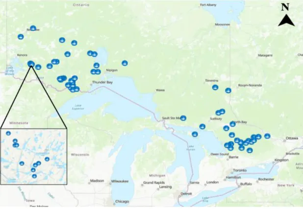Figure 1. Lakes sampled in Ontario’s Broadscale Monitoring Program and IISD- IISD-Experimental Lakes Area for this study