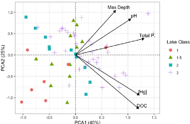 Figure 4. Principal component analysis (PCA) biplot of environmental variables and  mercury concentration across lake classes 
