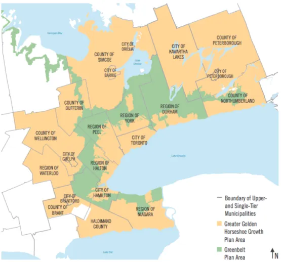 Figure 1: Upper- and Single-Tier Municipalities in the Greater Golden Horseshoe  (MMAH, 2015) 