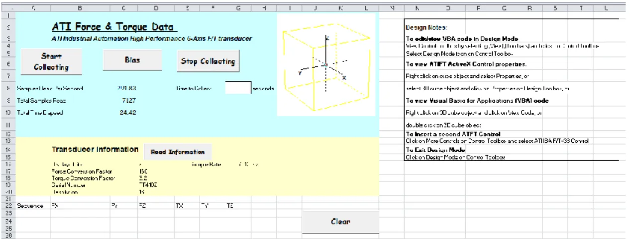 Figure 4-4: Screen shot of the Microsoft Excel data acquisition user interface. 