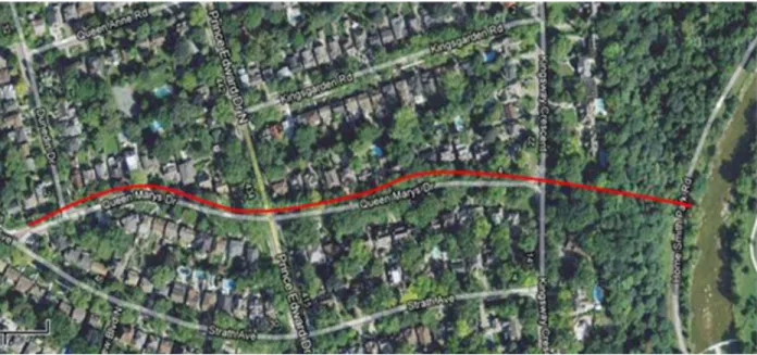 Figure 7: EES pilot site at Queen Mary Drive. Red arrow shows the downstream flow of runoff entering  the Humber River