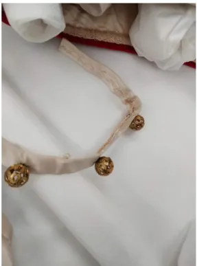 Figure 5.3 The Met’s crimson Russian court  gown’s lacing string. Photos the author's own.