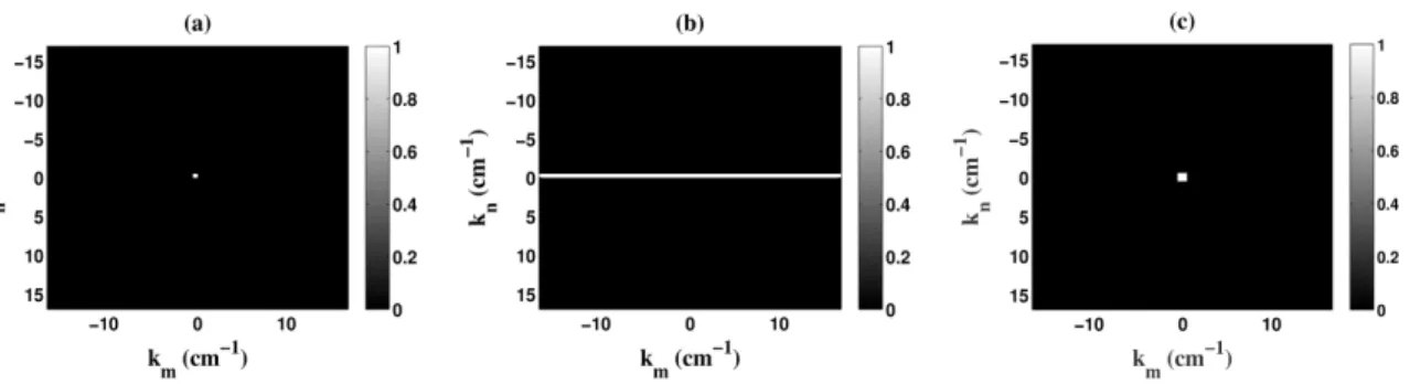 Figure 4-16. The filters in the  T/R spatial-frequency domain along transmit ( k m ) and receive ( k n ) directions  in (a) DAS, (b) CSC, and (c) FSC with cut-off frequency of 1.0 cm -1 