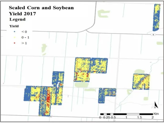 Figure 2. Spatial variability maps representing the distribution of the scaled corn and  soybean yields