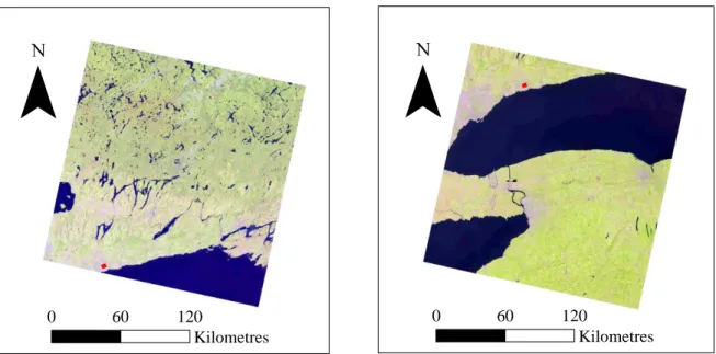 Figure 2 - Landsat 8 Multispectral-29 (left) and Landsat 8 Multispectral-30 (right), with  study area is marked in red