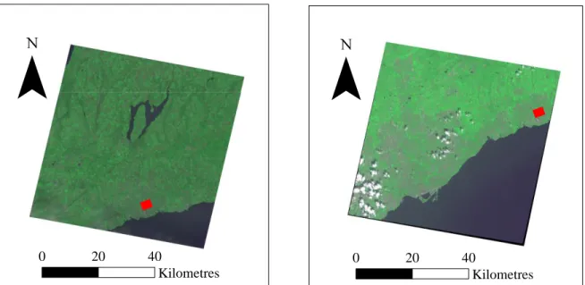 Figure 3 - ASTER-17 (left) and ASTER-18 (right), with study area is marked in red. The  images are numbered for their WRS Path Number