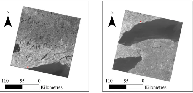 Figure 8 - Landsat 8 Panchromatic-29 (left) and Landsat 8 Panchromatic-30 (right), with  study area is marked in red